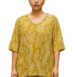 TAHARI Fern Print Asymmetrical Top Chartreuse V-Neck 3/4 Sleeve Shark Bite 1X